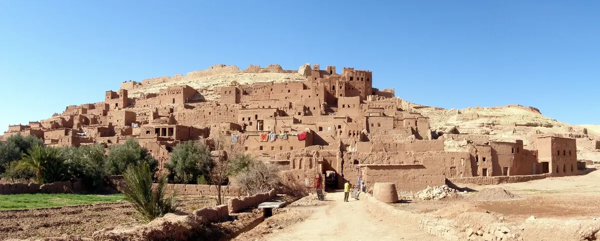 Panoramic view of the earthen buildings of Aït Benhaddou’s fortified ksar in Morocco