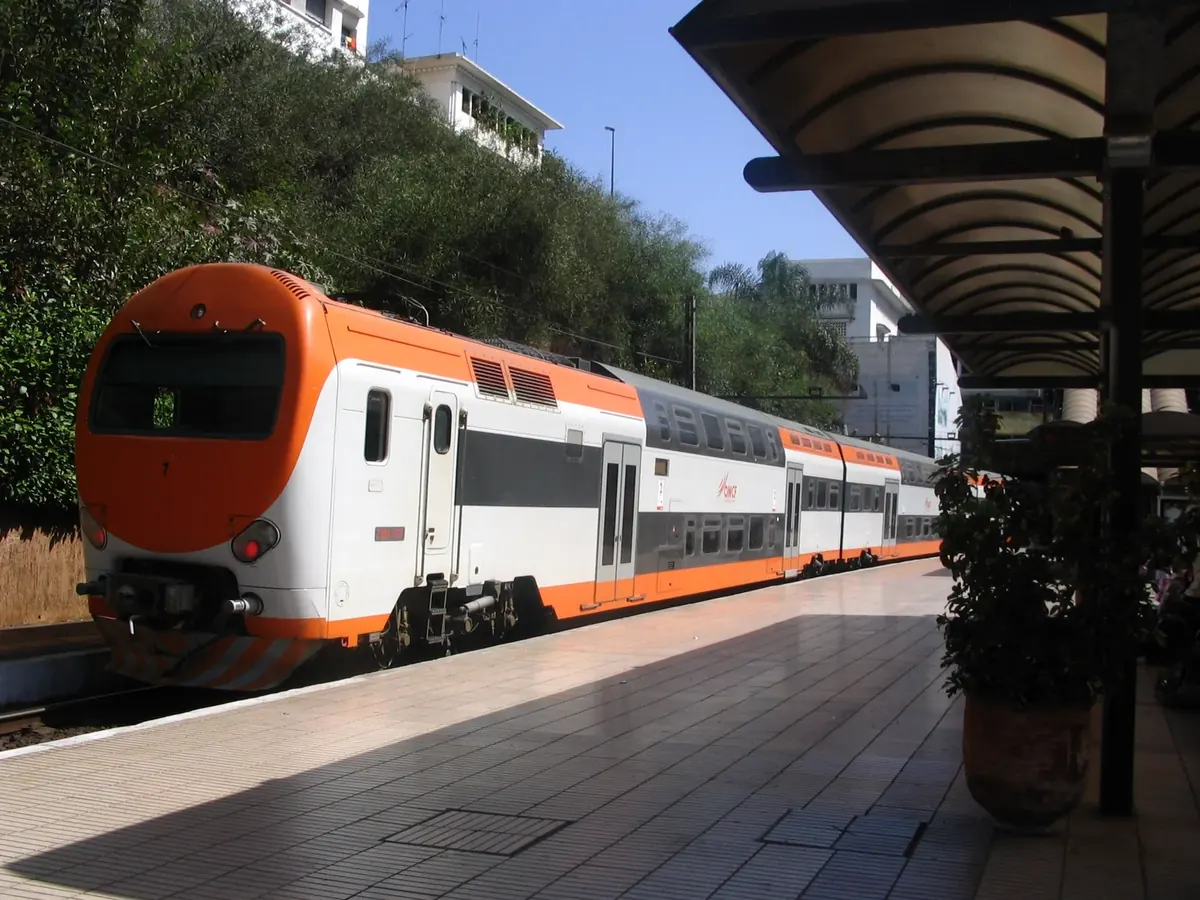 Rabat Ville railway station platform with an ONCF train at the platform, photographed in 2008.
