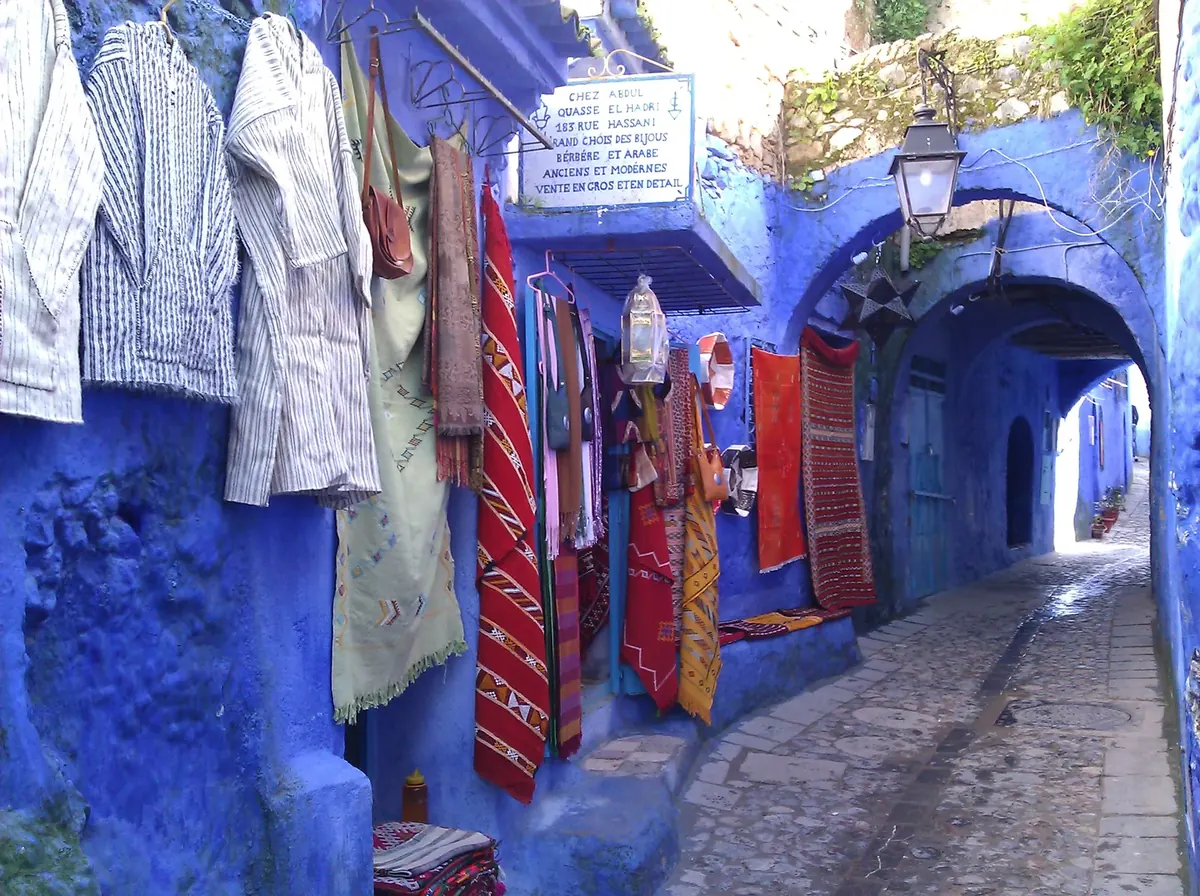 View over blue-and-white buildings in Chefchaouen, Morocco