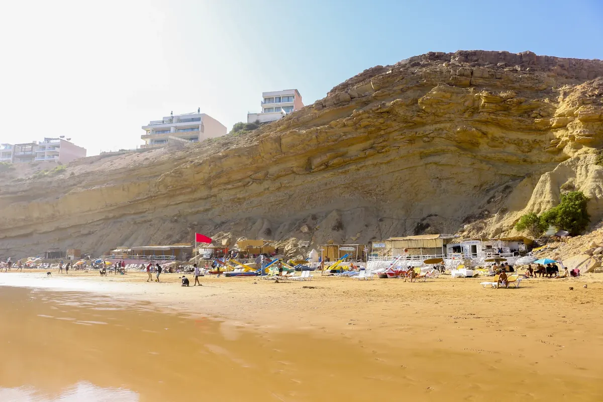 Wide view across Imsouane beach and Atlantic shoreline in Morocco.