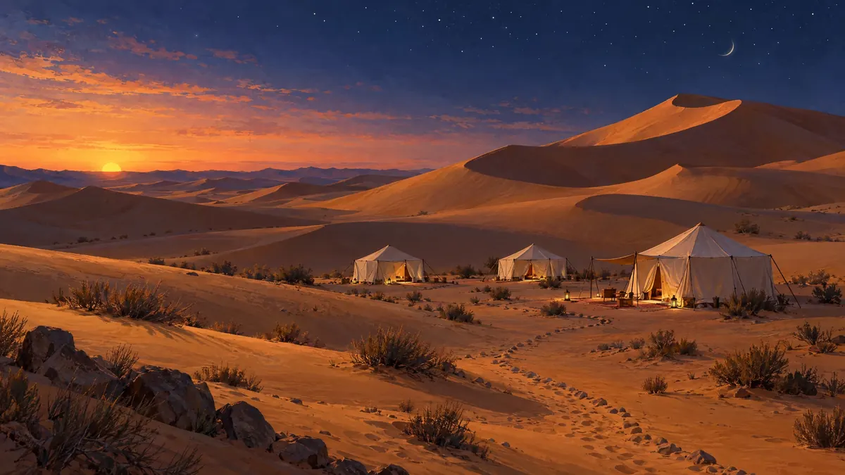 Original editorial illustration of three canvas tents among sand dunes at dusk, not a named camp