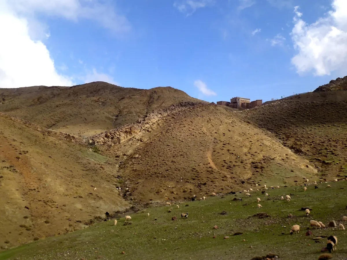 A winding road at the Tizi n'Tichka pass in Morocco's High Atlas Mountains