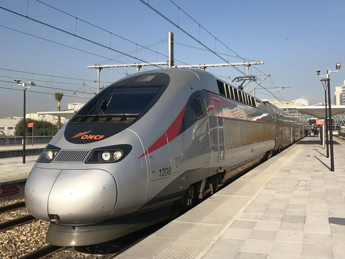 ONCF Al Boraq high-speed train beside the platform at Tangier railway terminus.