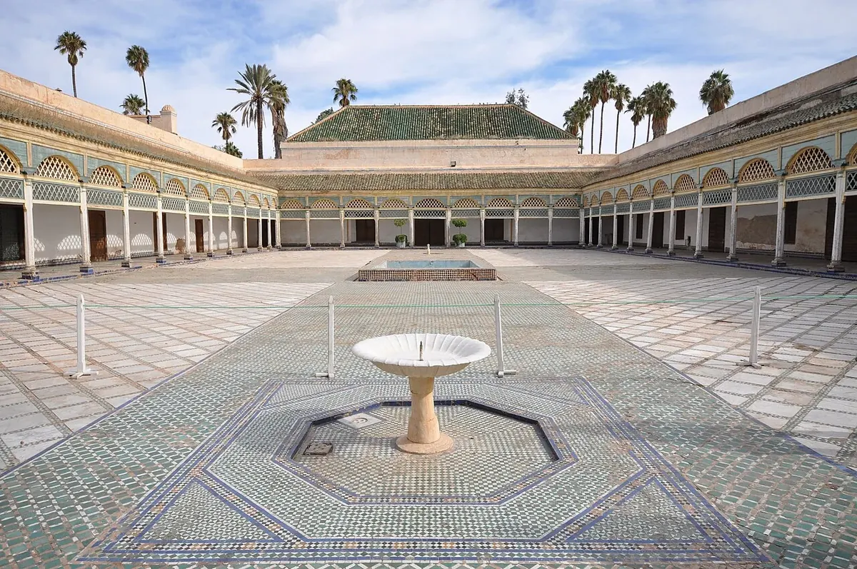 The back courtyard of Bahia Palace in Marrakech, showing its decorated interior courtyard.