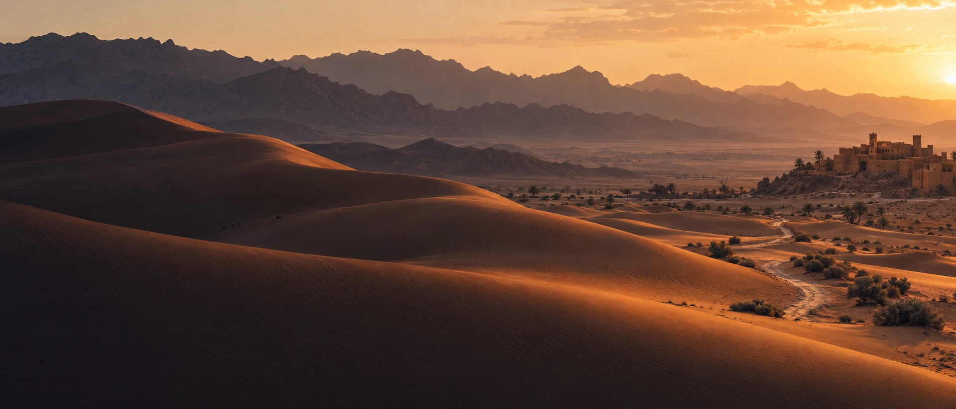 Illustrative North African dunes and earthen architecture in warm late-afternoon light