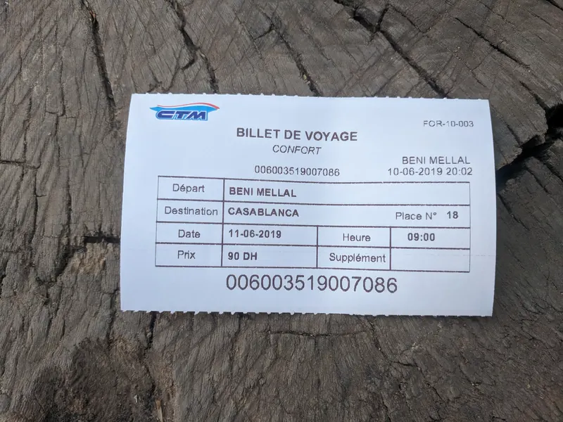 Historical CTM paper ticket for a Beni Mellal to Casablanca journey dated June 2019