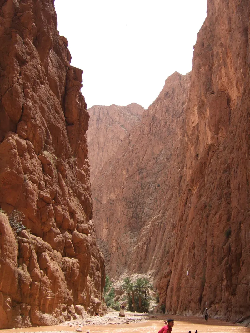 Tall canyon walls framing the riverbed in Todra Gorge, Morocco