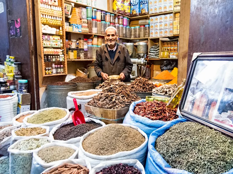 Colourful spice display inside a shop in Fes, Morocco