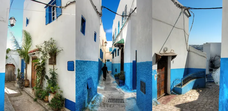 Blue-and-white residential lane inside the Kasbah of the Udayas in Rabat