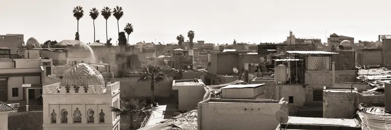 Panoramic view across the Medina rooftops of Marrakech, photographed in 2020