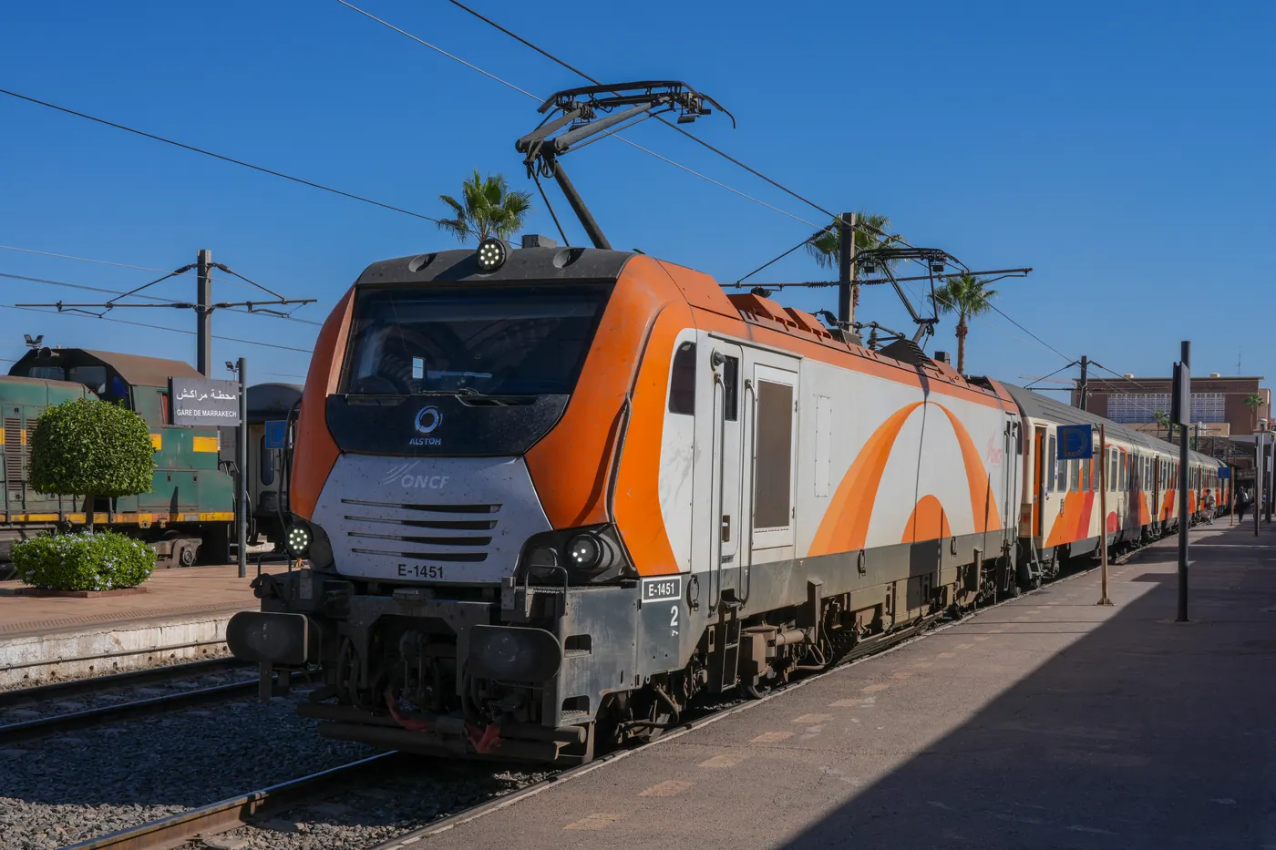 ONCF locomotive and passenger train at Marrakech Station in Morocco