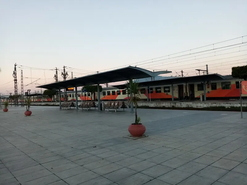 Passenger train stopped at Fes railway station in Morocco