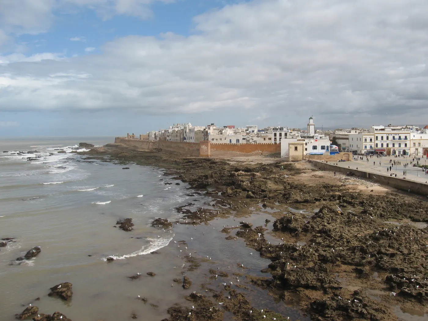 View over the stone ramparts of Essaouira, Morocco, toward the Atlantic coast.