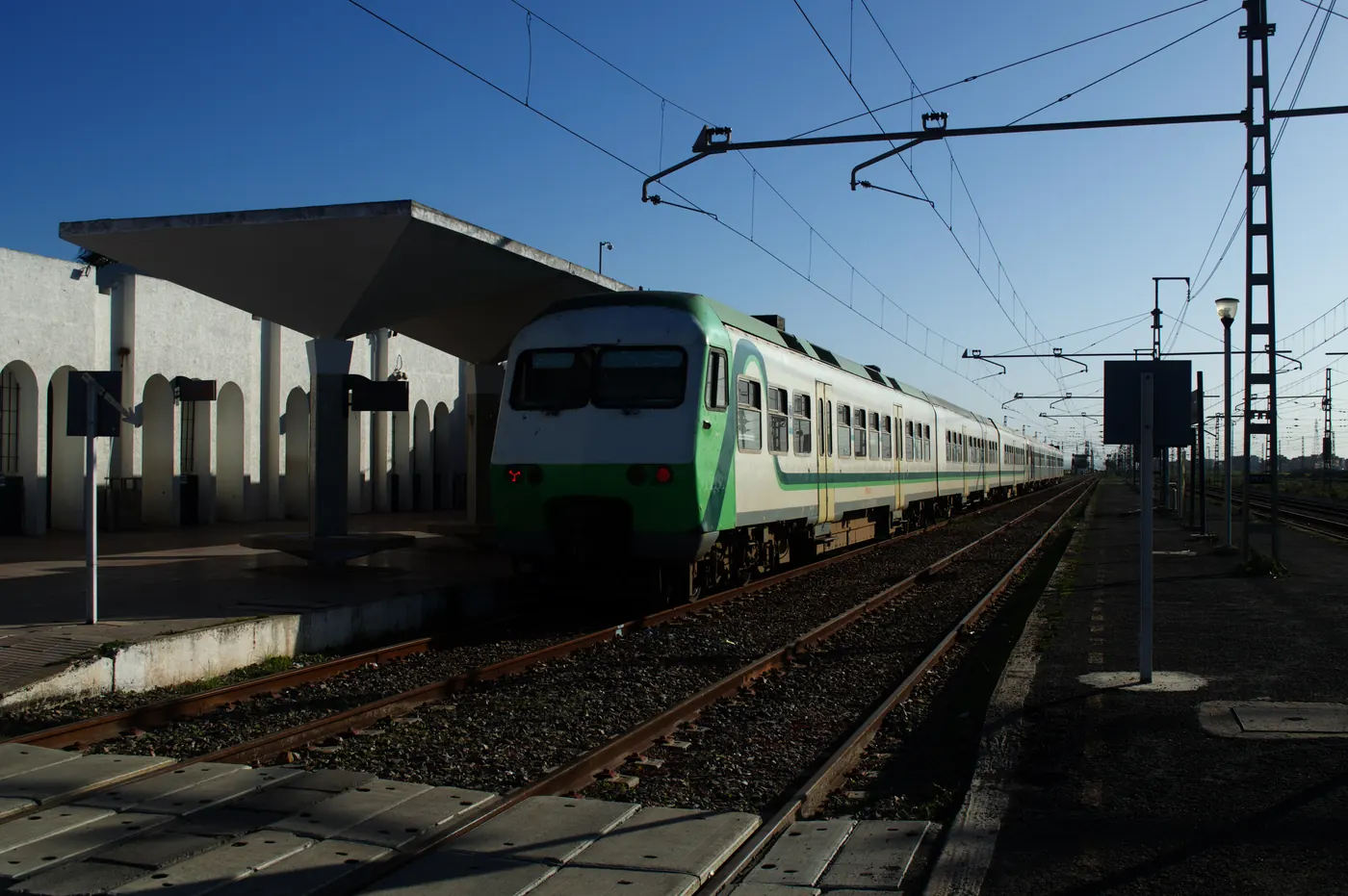 Two ONCF electric trains on the platform at El Jadida station, Morocco