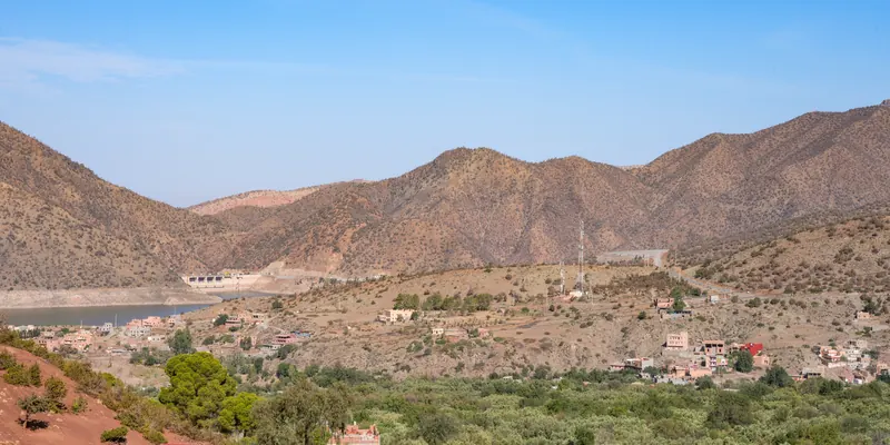 Olive groves, Ouirgane village and Yacoub el Mansour Dam in the Al Haouz mountains