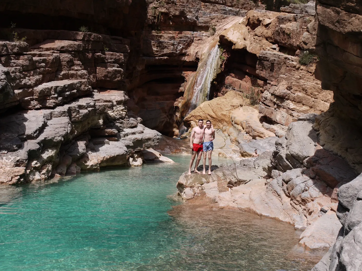 Rocky natural pool and small waterfall in Paradise Valley, Morocco