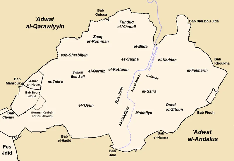 Map labeling historic gates and neighbourhoods of Fes el-Bali.