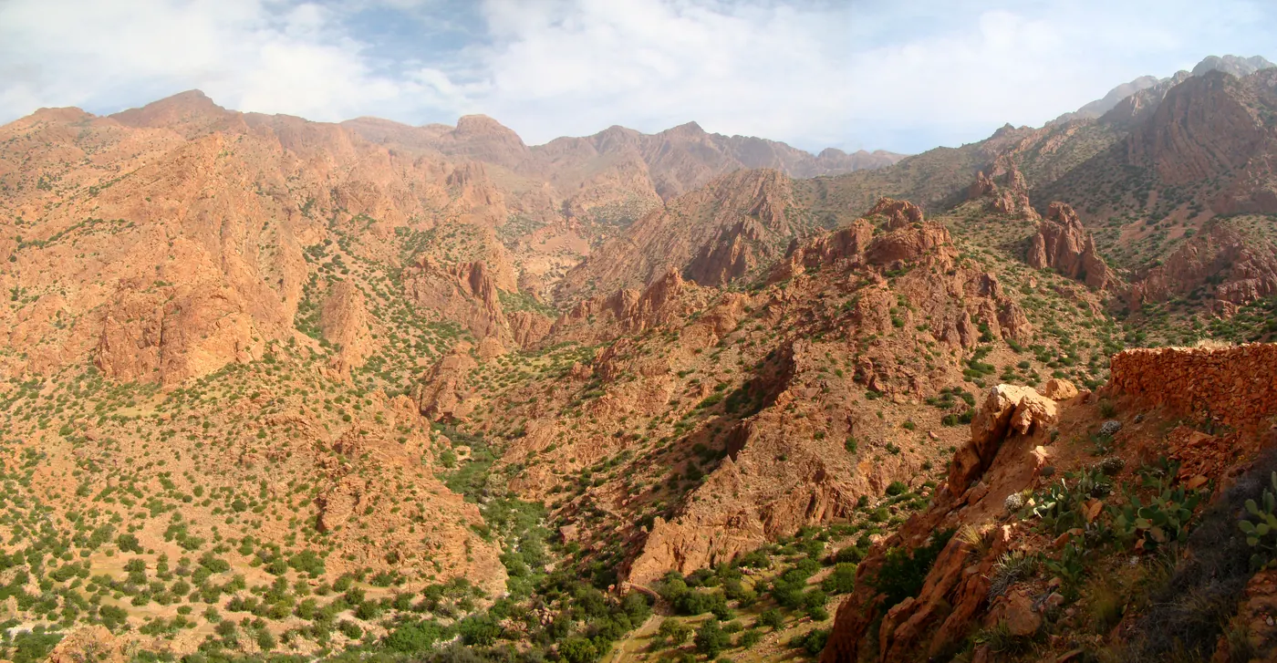 Panorama of the rocky Anti-Atlas landscape in the Ameln Valley near Tafraoute