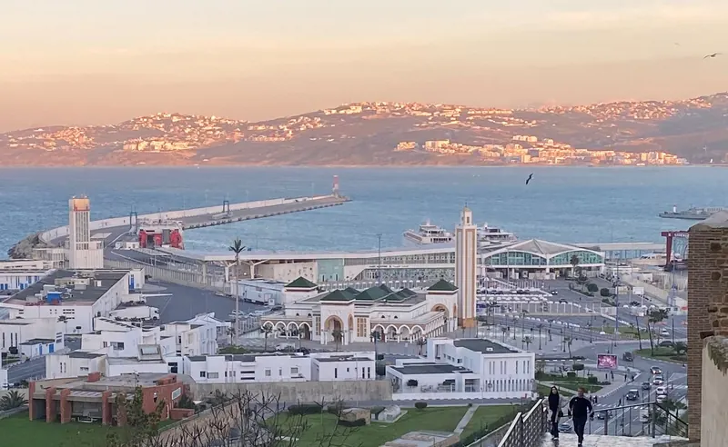 Tangier's fishing port and Lalla Abla Mosque viewed from the Kasbah at sunset.