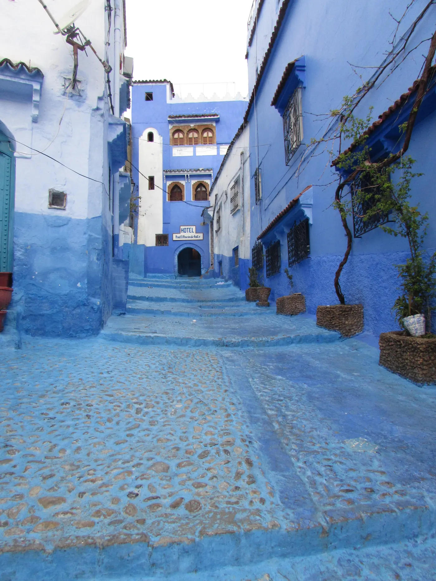 Blue-painted cobbled lane and buildings in Chefchaouen’s medina, Morocco.