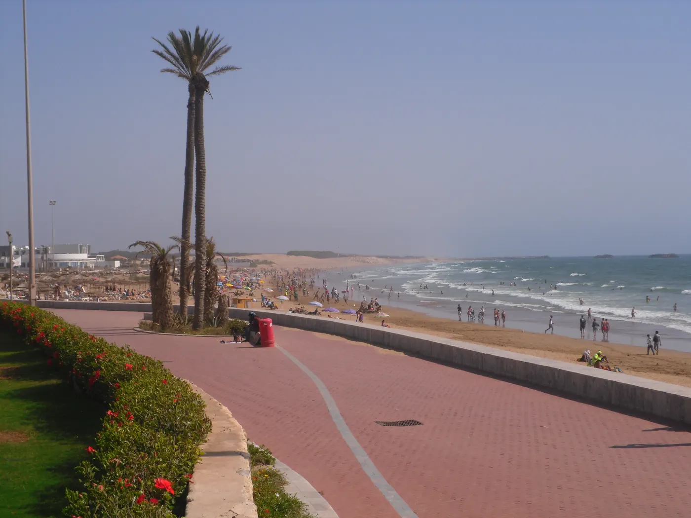 Palm-lined promenade and beach in Agadir, photographed in 2014