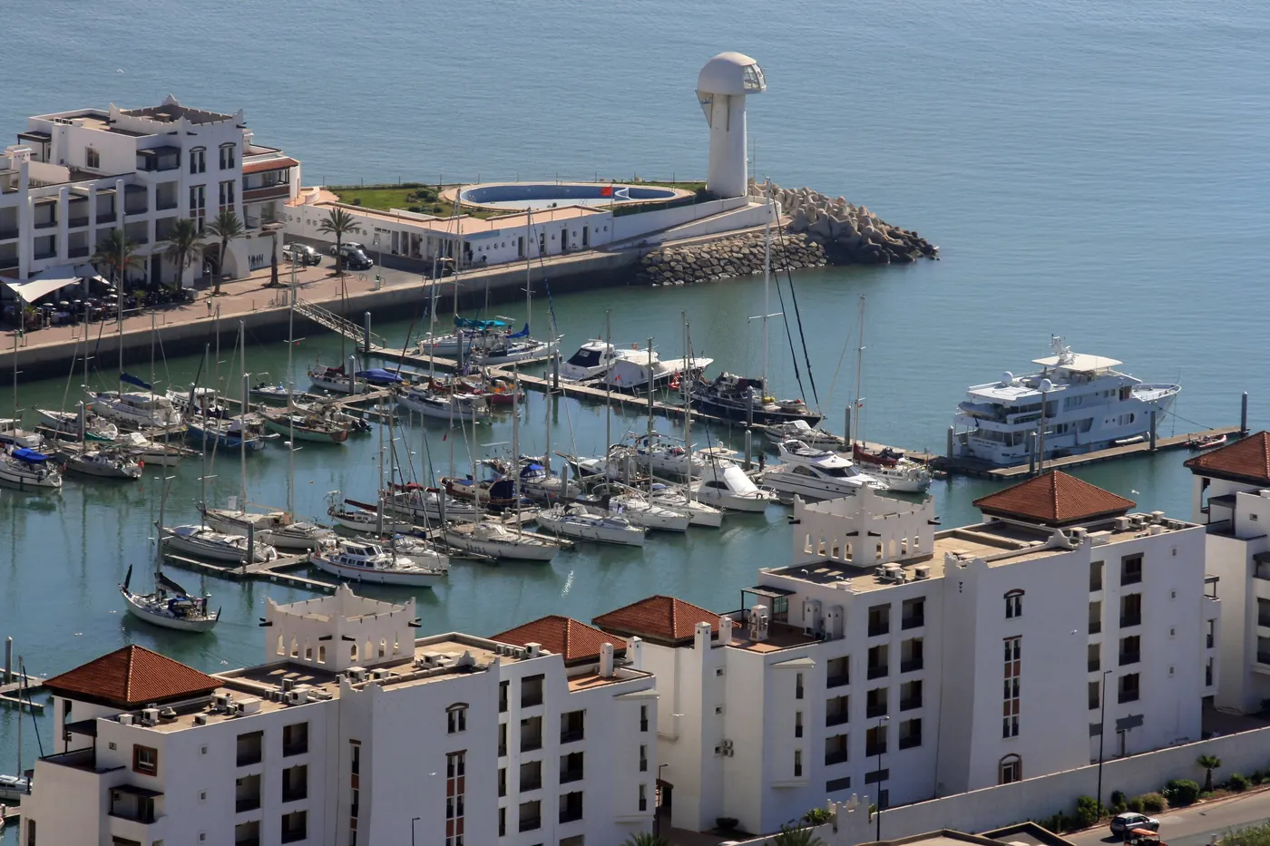 Aerial view of boats and buildings at Agadir Marina in 2010