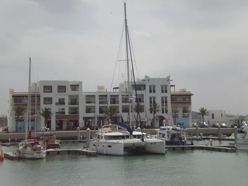 Sailboats and waterside buildings at Agadir Marina, photographed in 2009