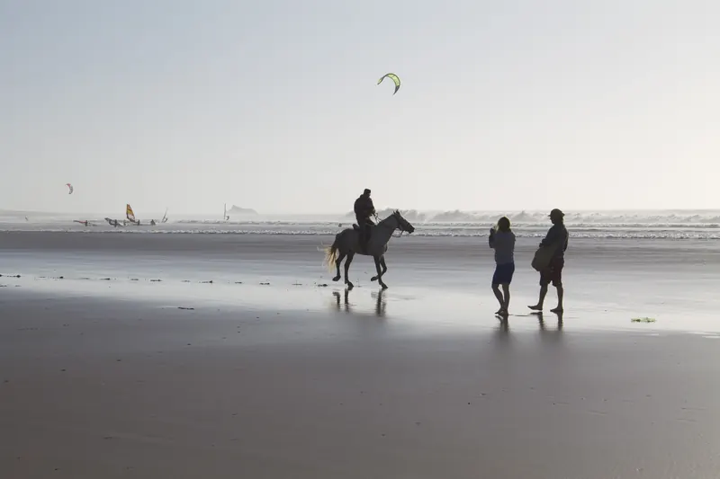 Walkers, a horse rider and kite sails on the wet sand at Essaouira Beach.