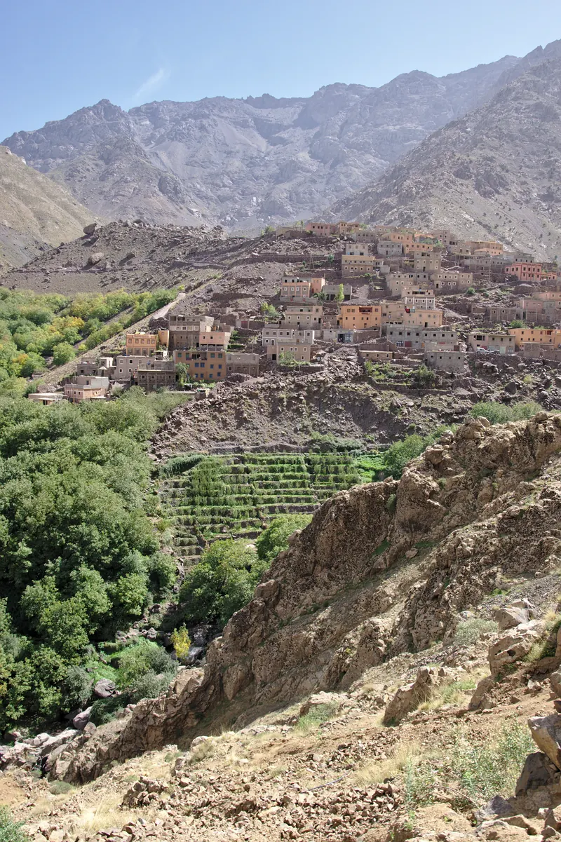 Aroumd village above terraced fields in Imlil Valley, Toubkal National Park